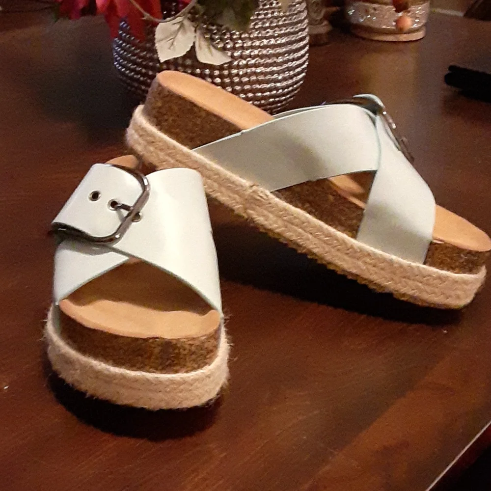 Cherish by Elegant Footwear baby blue platform adjustable buckle cork 7.5 NEW.…